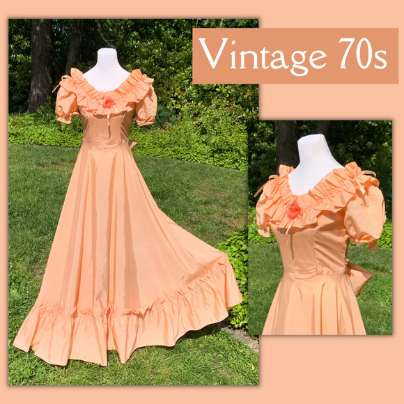 Vintage Dresses & Skirts - Vintage 70s Prom Dress Union Made Prairie Southern Belle Poof Sleeve MED TALL